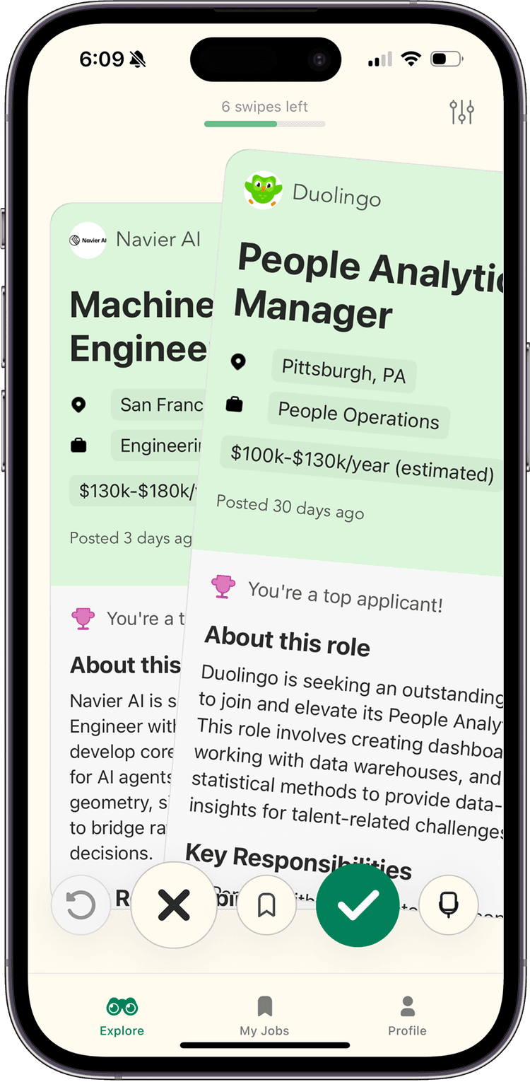 The Poozle app showing a stack of matched job cards ready to swipe