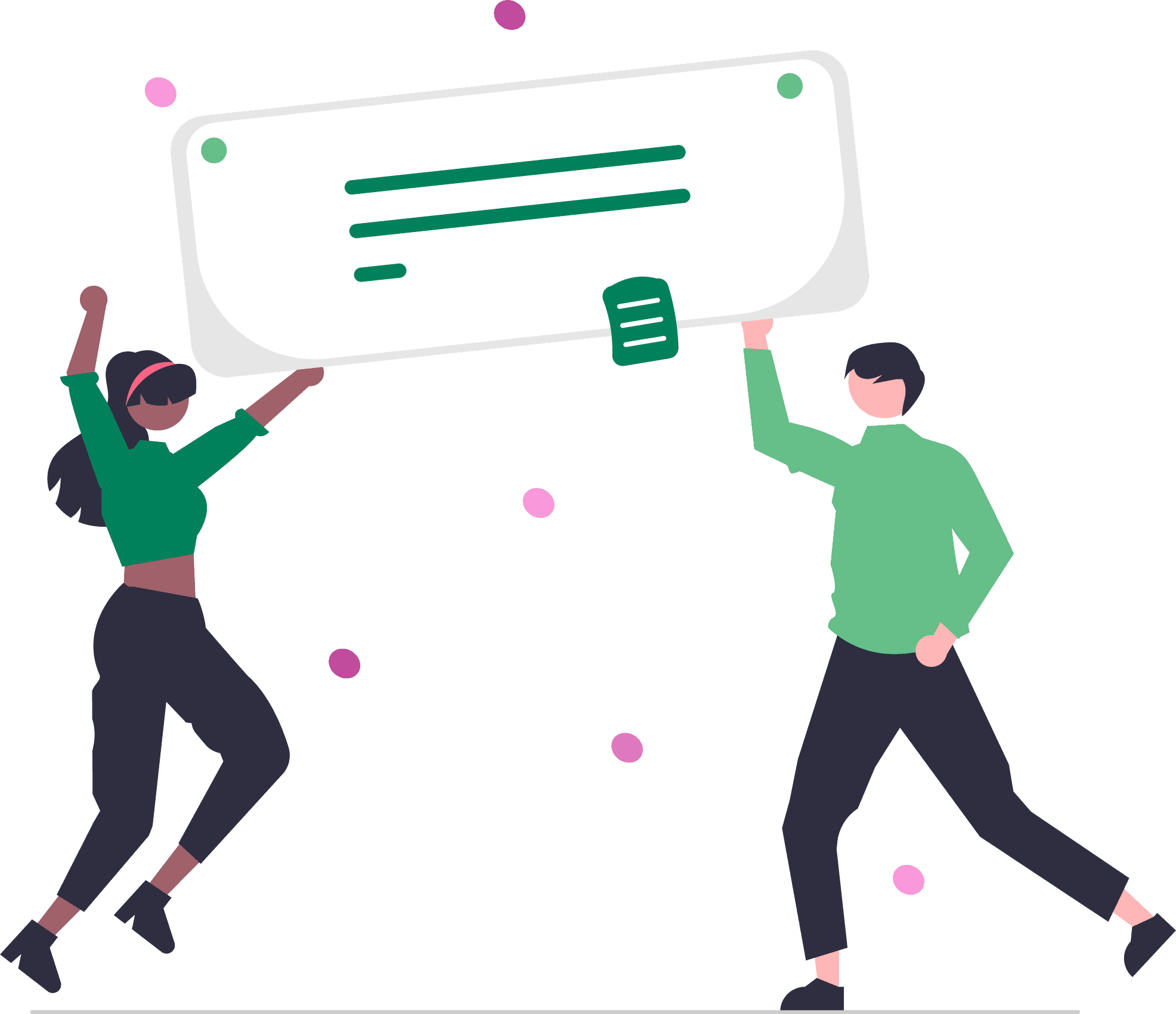 Illustration of two people holding up a large rectangular message bubble with text lines, surrounded by pink dots. One person has their arms raised while the other is holding the bubble with one hand.