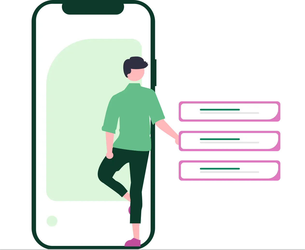 A person leans casually against a large smartphone screen, which displays a list of three items or options.