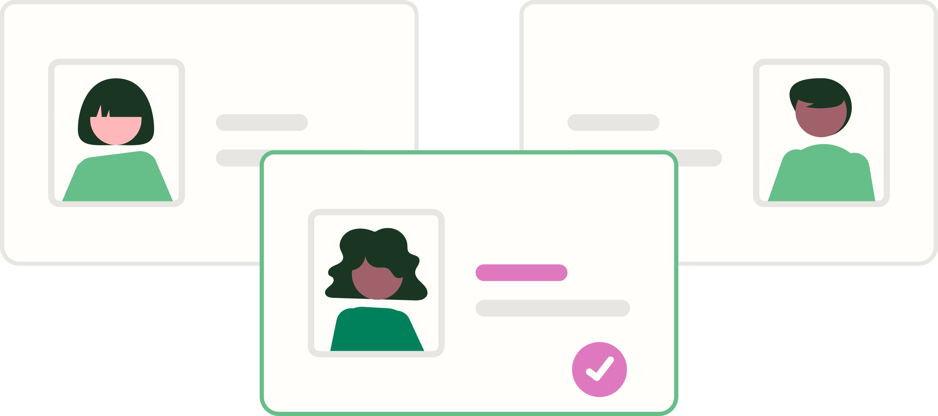 Illustrated online profiles of three individuals with one overlapping the two others.