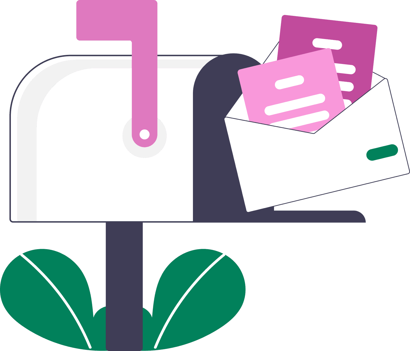 Illustration of a mailbox with an envelope containing two pink pieces of paper inside.