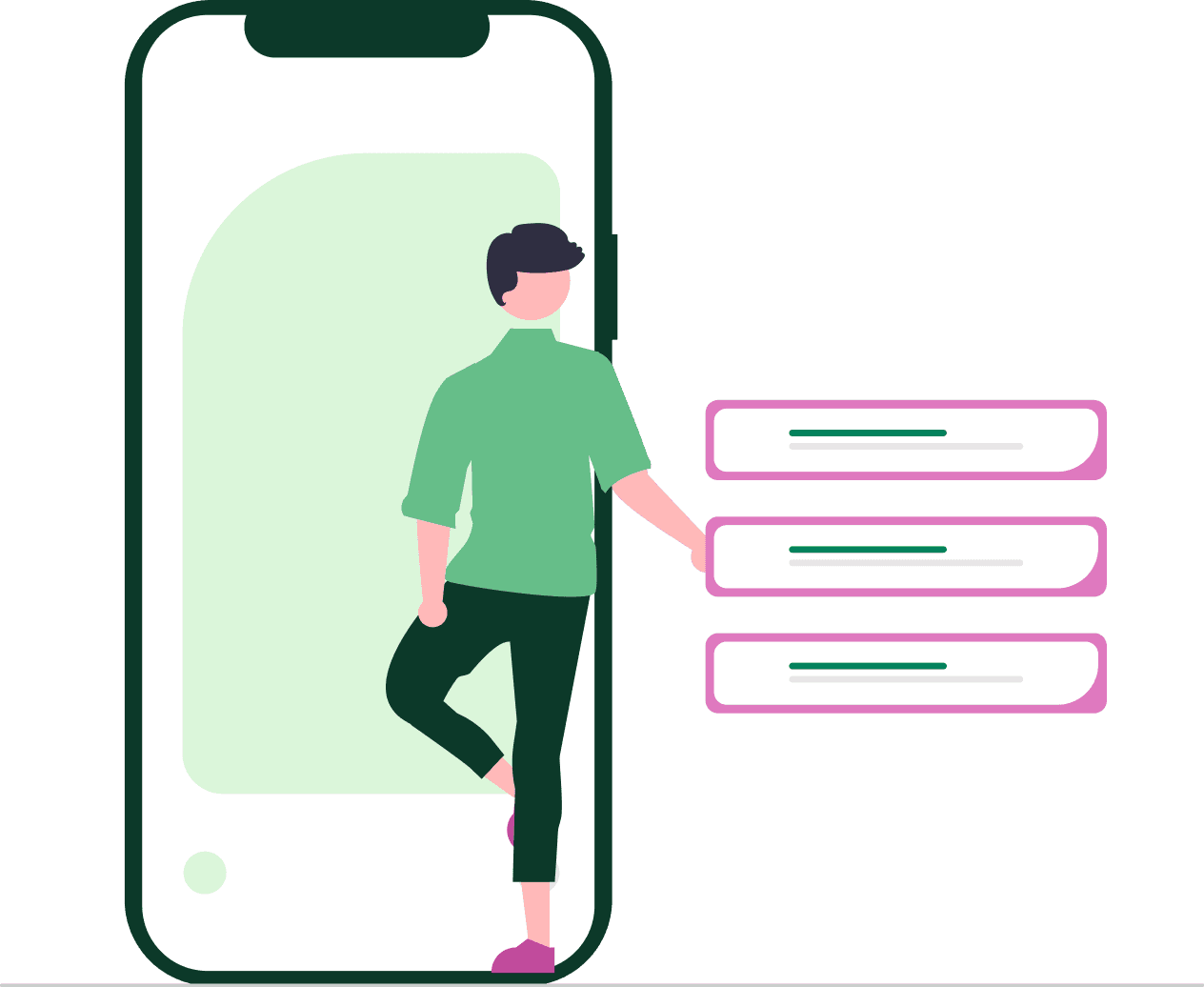 A person leans casually against a large smartphone screen, which displays a list of three items or options.