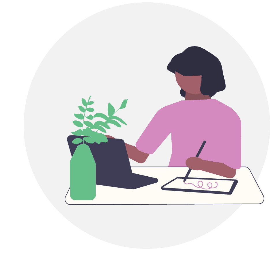 Illustration of a person sitting at a desk using a digital pen on a tablet, with a laptop open and a leafy plant in a vase nearby.