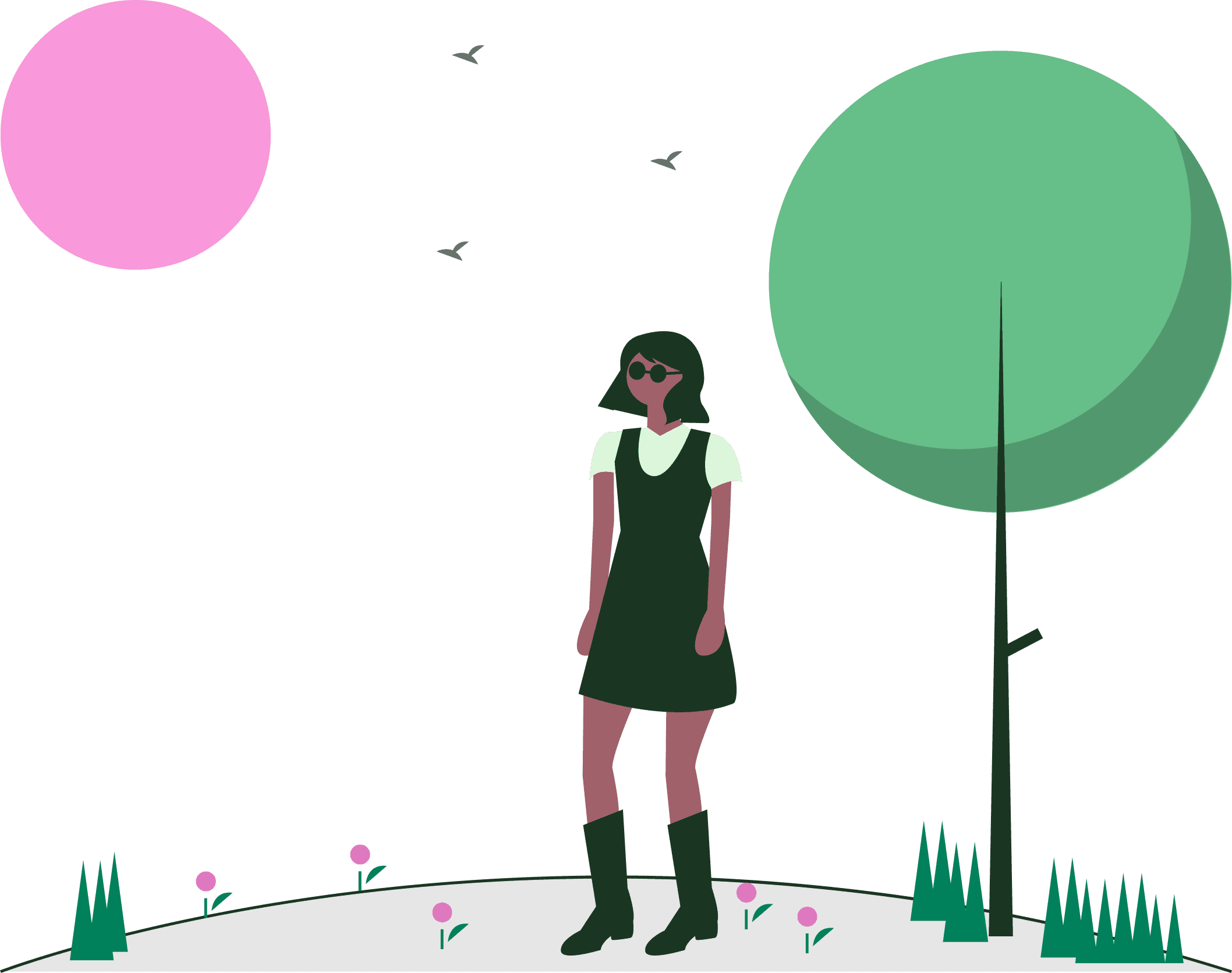 Illustration of a person wearing sunglasses and a dress standing on grass near a tree, with small flowers on the ground and a large pink sun or moon in the sky.